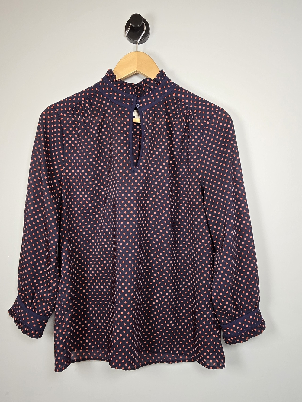 J. Crew Navy Blouse with Pink Polka Dots and Ruffled Neck